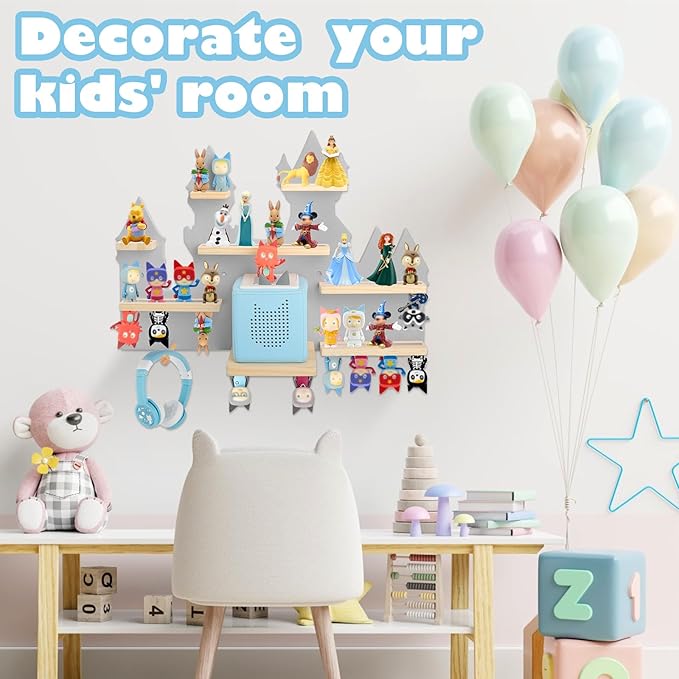 for Toniebox 2 and Toniebox 1 Tonie Shelf Wall Mounted Set,Tonies Figures Tonies Storage,Magnetic Wooden Floating Shelves Compatible with Tonie box Player Character for Children Room (grey-castles)