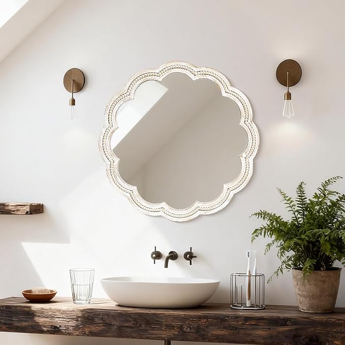 24 Inch Round Wall Mirror, Whitewashed Wooden Frame with Scalloped Edge & Beaded Trim, Decorative Farmhouse Boho Mirror for Bedroom, Bathroom, Living Room, Entryway