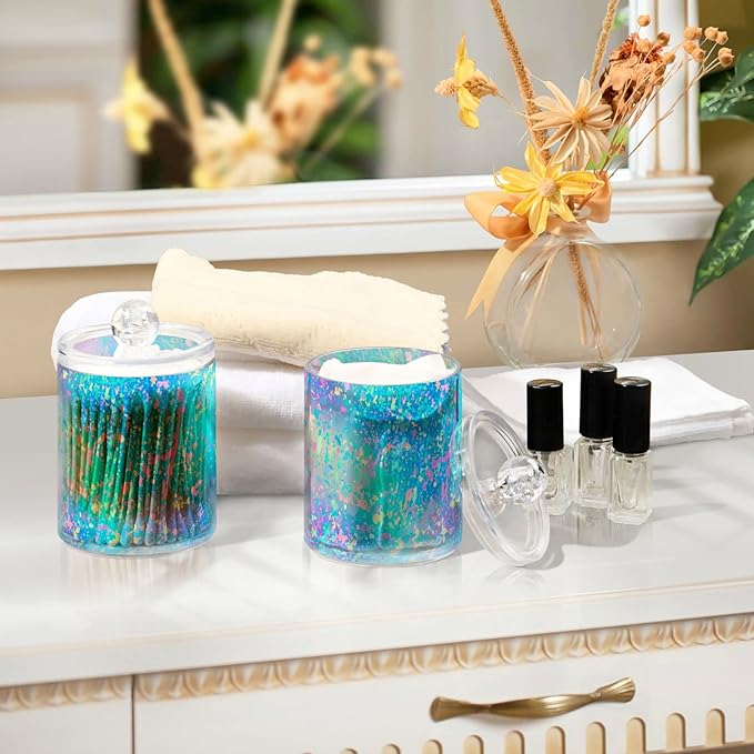 2 Pack Qtip Holder Dispenser for Cotton Ball Rainbow Grid Marble Cotton Swab Round Pads Clear Plastic Acrylic Jar Set Bathroom Canister