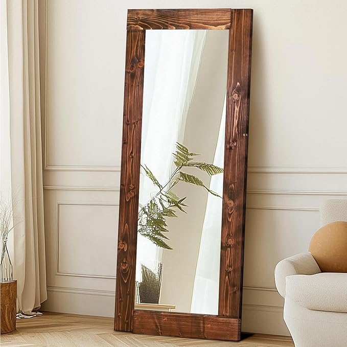 Full Length Mirror 58"x24" – Solid Wood Frame, HD Tempered Glass, Wall Mounted & Leaning, Rustic Modern Decor for Bedroom, Living Room, Entryway, Brown