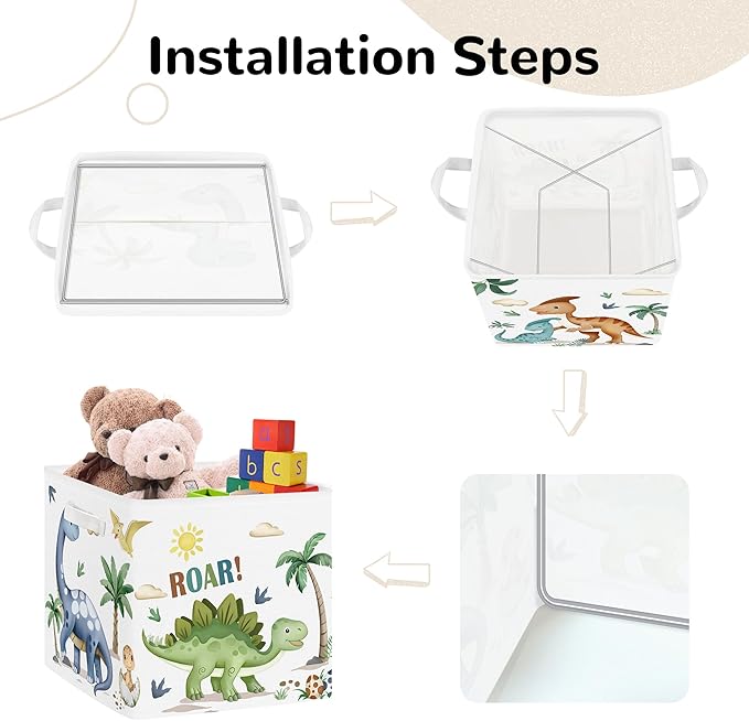 Clastyle 3 Pack 11.8'' Fabric Dinosaur Storage Basket for Shelves Collapsible Closet Organizers with Metal Frame Bottom Board Large Kid Clothes Toy Book Cube Bin for Playroom Bedroom,Boho