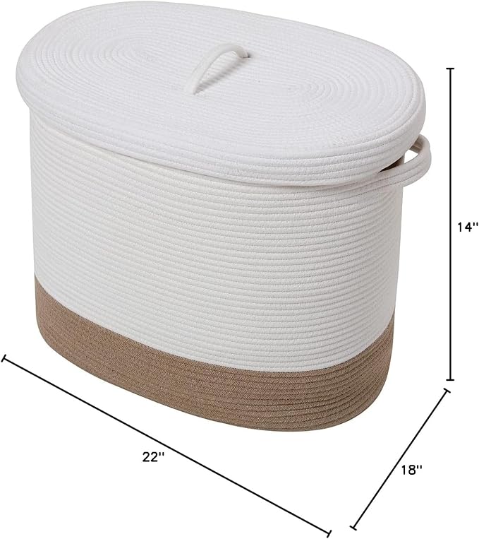 22"x14"x18" Rectangular Extra Large Storage Basket With Lid, Large Cotton Rope Storage Basket, Woven Laundry Hamper, Cloth Storage Bin, for Clothes Towels Blankets in Living Room, White/Jute Bottom
