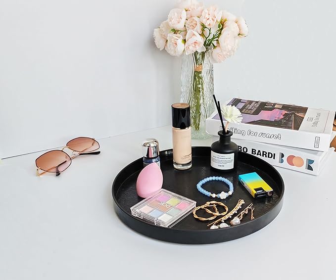 Round Black Serving Tray (11 inch) - Bathroom Countertop, Kitchen Decor, Vanity & Coffee Table Tray | Farmhouse Modern Boho, Organizer Tray