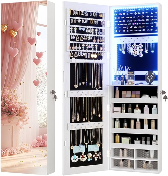 Vlsrka 47.2" LED Jewelry Mirror Cabinet, Wall/Door Mounted Jewelry Armoire Organizer with Full Length Mirror, Large Storage Hanging Cabinet, 4 Drawers, 5 Shelves (White)