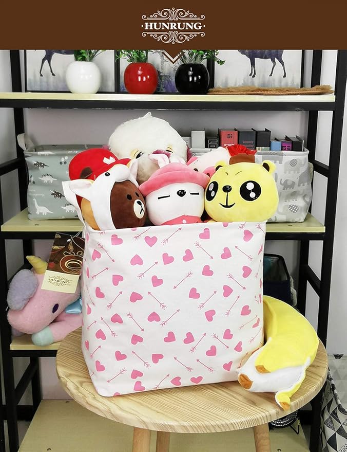 HUNRUNG Square Storage Bins Nursery Hamper Canvas Laundry Basket Foldable with Waterproof Nursery Boxes for Shelves/Gift Baskets/Toy Organizer/Office, Bedroom (Square-Pink-heart-arrow)
