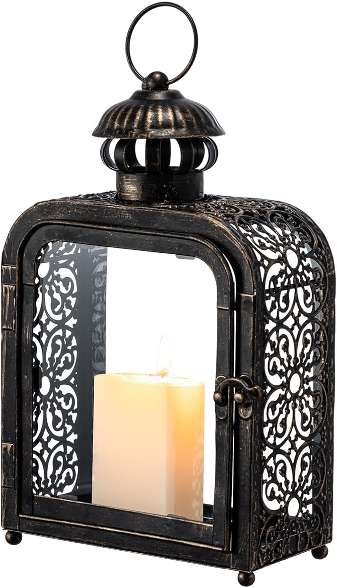DECORKEY Candle Lantern Decorative Indoor & Outdoor, Vintage Metal Lanterns with Clear Glass, Tabletop&Hanging Candle Holders for Patio Front Porch Home Decor, Christmas Decorations (Bronze)