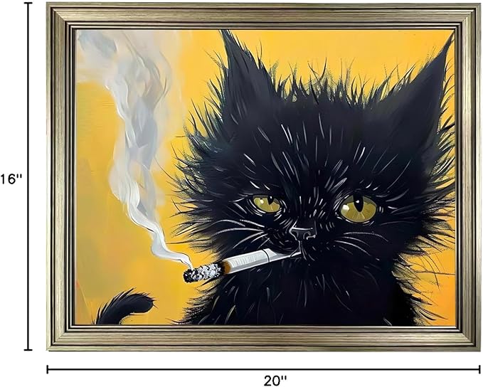 Vintage Framed Black Cat Painting Cat Portrait Wall Art Canvas Print Poster for Mens Room Living Room Bedroom Bathroom Home Decor