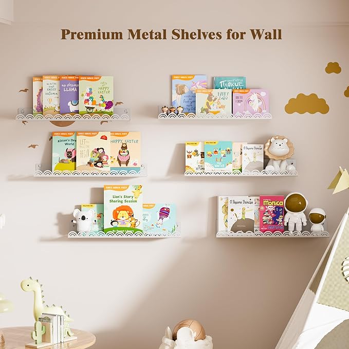 Nursery Book Shelves, Metal Floating Shelves for Wall 6 Pack, White Scalloped Shelf, Wall Mounted Book Shelf for Kids Rooms, Baby Bookcase, Nursery Decor.