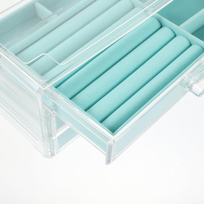 Beaupretty 3-drawer Blue Acrylic Jewelry Organizer Box Multi-layer Makeup Storage Case with Earring and Ring Compartments for Women’s Travel and Home Use