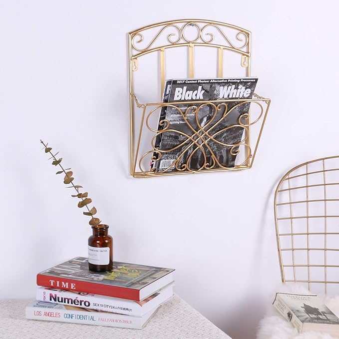 Wall Mount Magazine Holder Rack, Adjustable Hanging File Pocket Organizer with Scroll Work, Decorative Wall Storage Basket for Document, Book, Mail, Newspaper, Gold