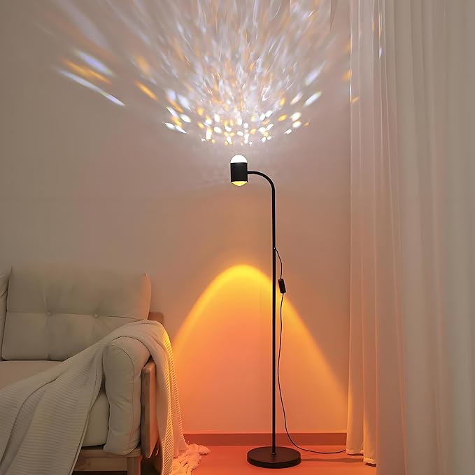 Sunset Projection Floor Lamp with 3D Waves, Dual Head Sunset Lamp with Creative DIY Mode, Multiple Colors and Interchangeable Background Mode, 360 ° Rotating Atmosphere, Sunset Mood Floor Light