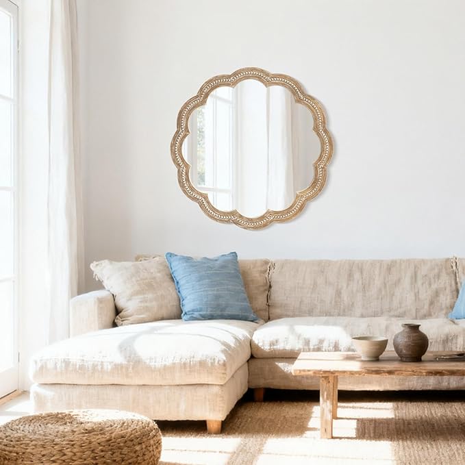 24 Inch Round Wall Mirror, Antique Brown Solid Wood Frame with Scalloped Edge & Beaded Trim, Vintage Farmhouse Mirror for Bathroom, Bedroom, Living Room