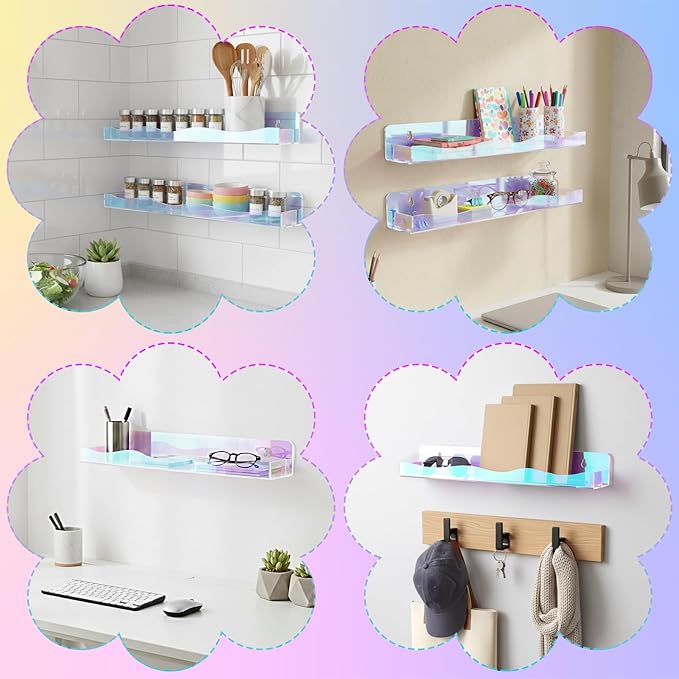 4 Pack 15" Iridescent Acrylic Floating Shelves, Wall Mounted Clear Acrylic Display Shelf Invisible Set up for Funko Pop Display Shelves Wall Organizer for Bathroom Bedroom Bookshelf