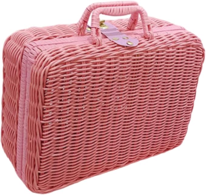 Woven Suitcase Imitation Rattan Storage Basket Gift Box Rustic Picnic Suitcase Handwoven Storage Case for Travelling Bathroom, Pink L