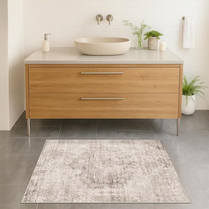 Beige Brown 2x3 Washable Non Slip Bathroom Rug for Entryway Indoor, Low Pile Small Rug for Powder Room & Kitchen Floor, Waterproof Stain & Fade Resistant Modern Abstract Decor