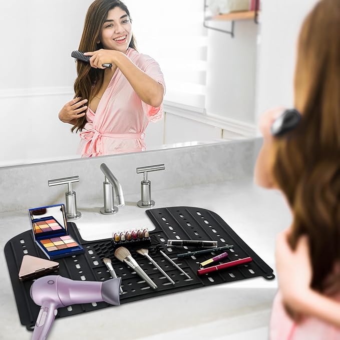 Sink Cover for Counter Space, Silicone Makeup Brush Cleaning Mat Foldable Sink Cover Bathroom Cover for Counter Space Saver Rv Camper Travel Must Haves Accessories - 22 * 17" Black