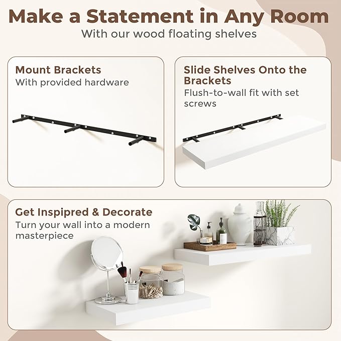 Fun Memories 72 Inch Floating Shelves, 12 Inch Deep Wall Shelf for Fireplace Mantel, Large Display Shelf & Storage Shelf, Wood Floating Wall Shelves for Home & Office, White, Set of 2