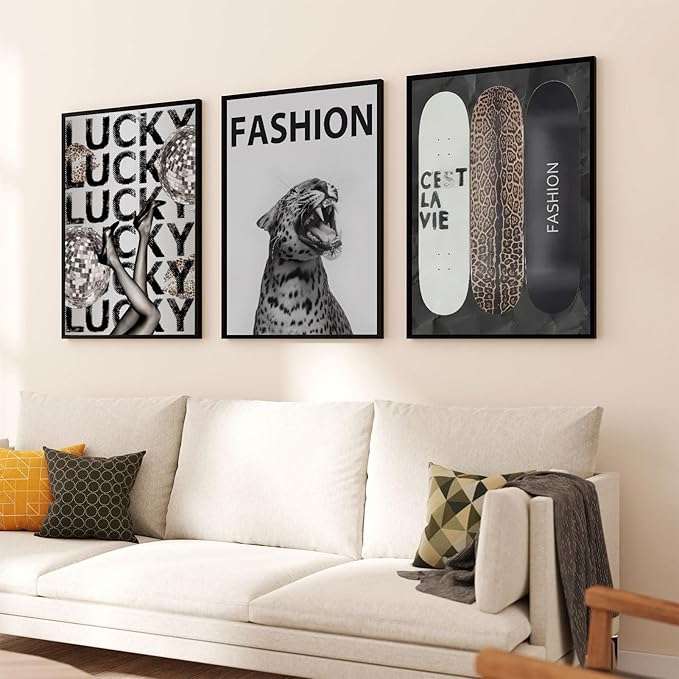 Trendy Leopard Wall Art Fashion Cheetah Lucky Skateboard Wall Decor Pictures Funky Vintage Preppy Luxury Aesthetic Posters Prints for Girly Bedroom Apartment Dorm Decoration Unframed 16x24in