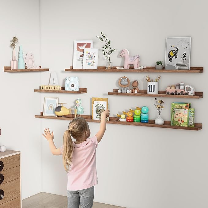 FLYJOE Picture Ledge Shelf, Floating Shelves Set of 2, 48 Inches Long Large Nursery Book Shelves for Toys Storage, Kids Bookshelf Wall Mounted for Living Room Bedroom Decor Books Photo Frames, Walnut