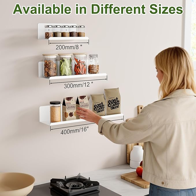 SAYAYO White Floating Shelves for Wall Storage, 8 Inch Screw or Self Adhesive Wall Shelves for Bedroom Decor, Small Display Bathroom Shelf Organizer for Kitchen, Living Room, Office, 2pcs