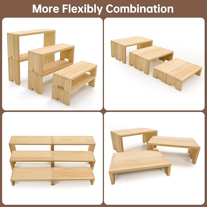 Yikaroeli 2 Set Wood Display Risers Wooden Stand Riser 3 Tiered Display Stands for Vendor Events 6 Pcs Cupcake Stands Cake Stand for Party Dessert Food(Nature)