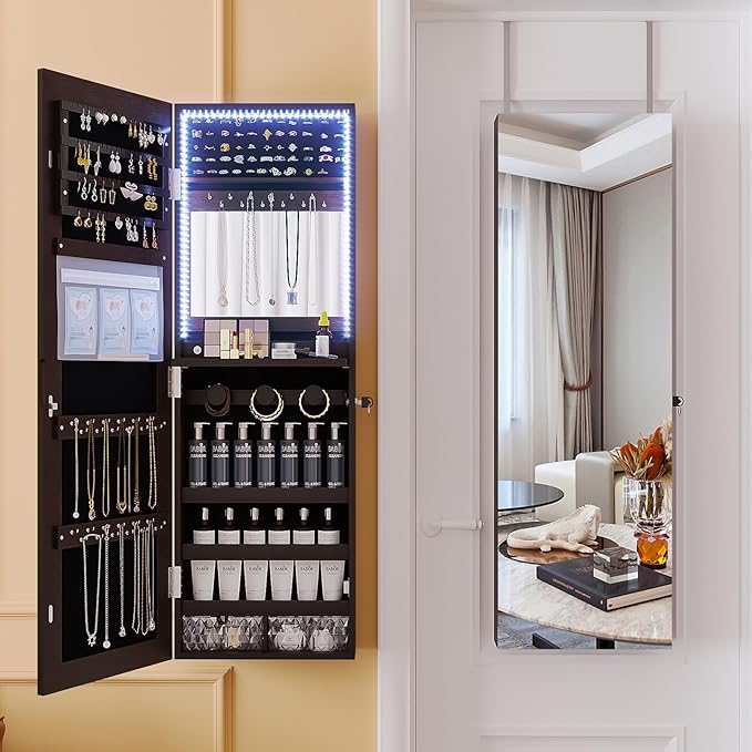 Wall-Mounted Full-Length Mirror with Storage Cabinet & Jewelry Organizer - Illuminated Makeup Locker for Bedroom, Dressing Room, or Bathroom - Stylish & Functional Design