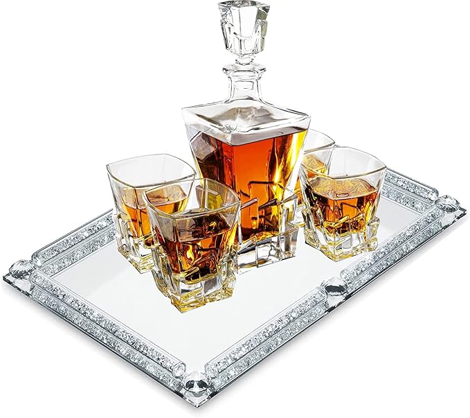 Crystal Glass Tray, Modern Mirror Jewelry Dresser Trinket Trays with Crushed Diamond, 11.8" x 7.9"Rectangular Makeup Perfume Tray for Bathroom Bedroom, Home Decor, Hotel Banquet, Party(Silver)