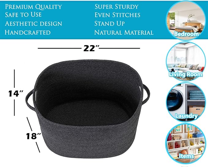 22"x14"x18" Rectangular Extra Large Storage Basket With Lid, Large Cotton Rope Storage Basket, Woven Laundry Hamper, Cloth Storage Bin, for Clothes Towels Blankets in Living Room, All Black Grey Mix