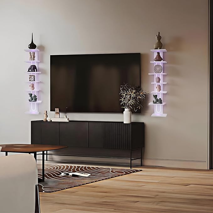 Homaterial 7-Tier RGB Floating Shelves for Gaming Room & Display, Unique Asymmetrical Wall Shelves with Lights & Remote, Vertical Lack Shelf for Collectibles, Room Decor, White
