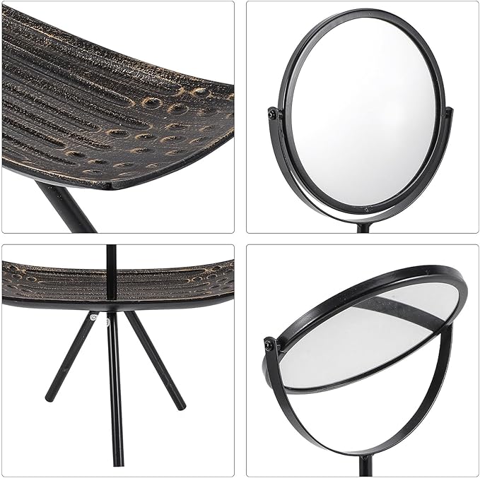 OSALADI Rotating Vintage Makeup Mirror with Jewelry Organizer Tray Black Rectangular Vanity Mirror for Bedroom and Travel with Flip Function