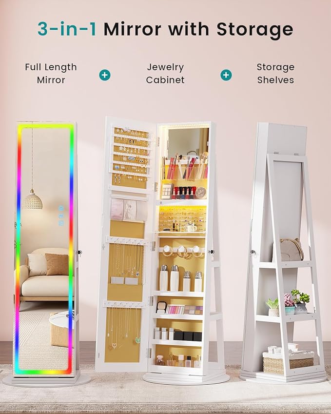 Vlskra Full Length Mirror with Storage, Lockable Jewelry Mirror Cabinet, Large Standing Jewelry Armoire with Mirror for Bedroom, Space Saving, Anti-Tangle Necklace Organizer for Women, White