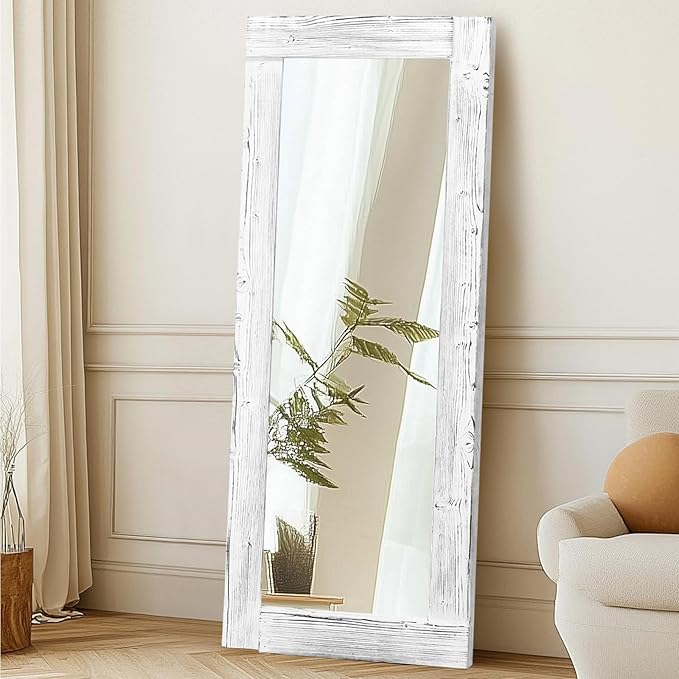 Full Length Mirror 58"x24" – Solid Wood Frame, HD Tempered Glass, Wall Mounted & Leaning, Rustic Modern Decor for Bedroom, Living Room, Entryway, White