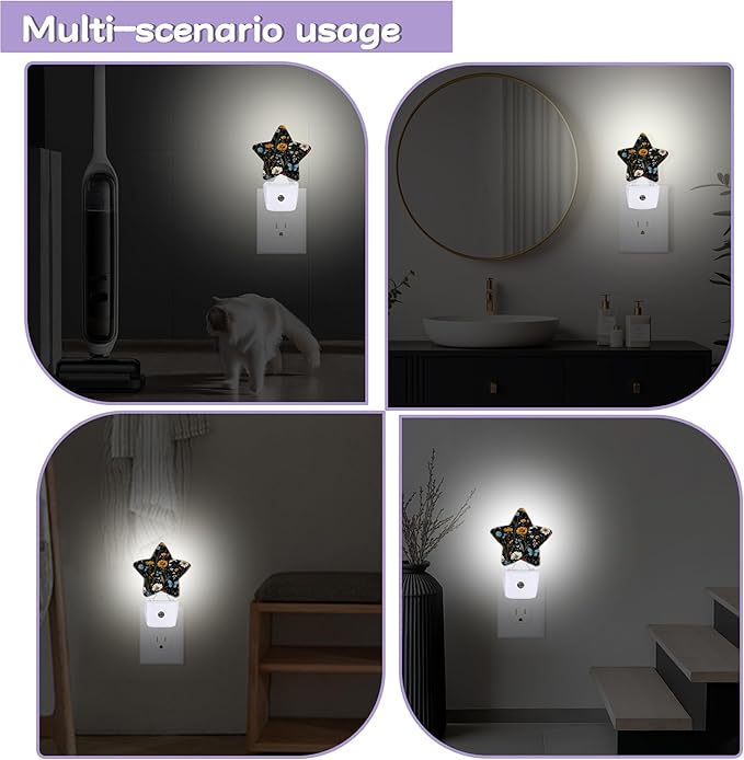 Floral Black Nightlights Plug in Wall,Decorative Star Lamp with Automatic Lighting for Living Space,Gentle Glow for Kids Room,Hallway,Bathroom
