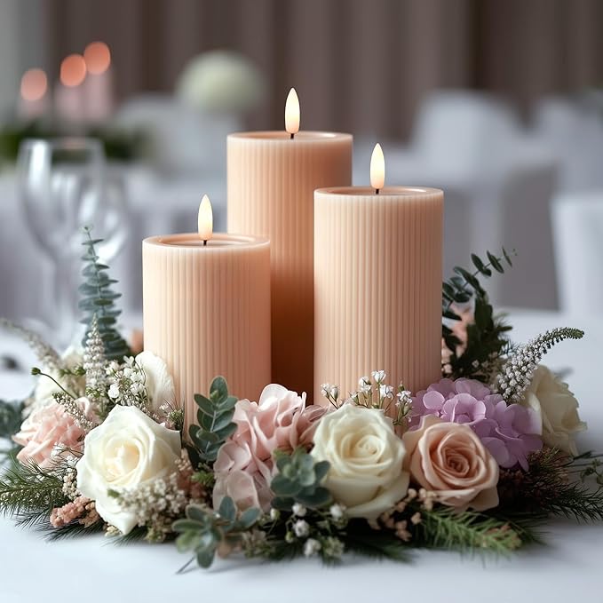 Fluted Ribbed LED Pillar Candles, Blush Beige, with Reflective Melted-Wax Effect – Flickering Flame, Remote, Dimmable, Flameless, Battery Operated, Home & Wedding Decor (Set of 3)
