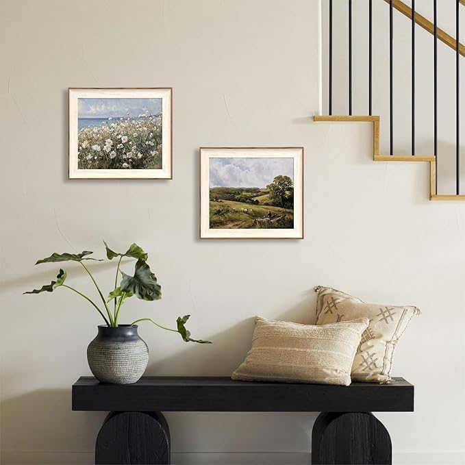 ASTRDECOR Framed Canvas Wall Art Room Decor, Vintage Landscape Wall Art for Home Decor Aesthetic Artwork, Coastal Scenery Nature Rustic Farmhouse Wall Decor for Living Room, White Wildflowers Oil Painting Pictures Bathroom Wall Decor- 10''x12''