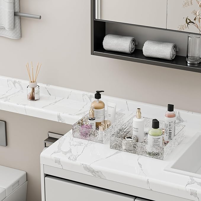 2 Pack Acrylic Perfume Tray, Clear Acrylic Organizer Tray for Bathroom Vanity Skincare Makeup Organized, Countertop Water Ripple Effect Acrylic Decorative Tray for Home Decor 7” x 5”and 8” x 8”