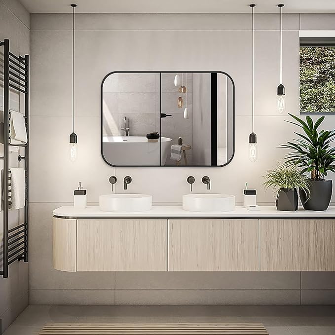 16x24 Inch Black Wall Mirror for Bathroom, Brushed Metal Framed Mirror with Rounded Corner, Rectangle Bathroom Vanity Mirror for Bedroom or Living Room, Horizontal/Vertical