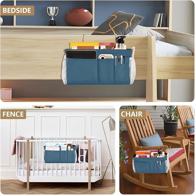 Caribbean Blue Bedside Caddy Storage Bag Bedside Organizer for Bunk Bed Headboards College Bedside Shelf Hanging Organizer 6 Pockets with Hooks for Book Glasses Phone Holder