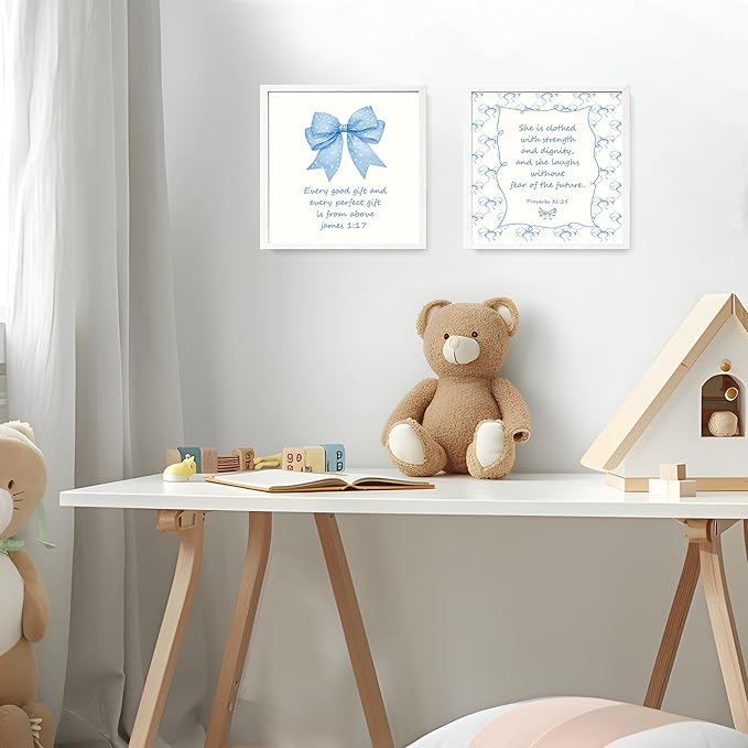 LARTSFRO Coquette Blue Bow Jesus Wall Art Decor Posters, Light Blue Bow Christian Room Bedroom Bathroom Wall Art Decor Aesthetic for Teen Girls Gifts, Inspirational Bible Verses Bow Wall Decor, 10x10 Inch Set of 4 Bow Pictures(UNFRAMED)