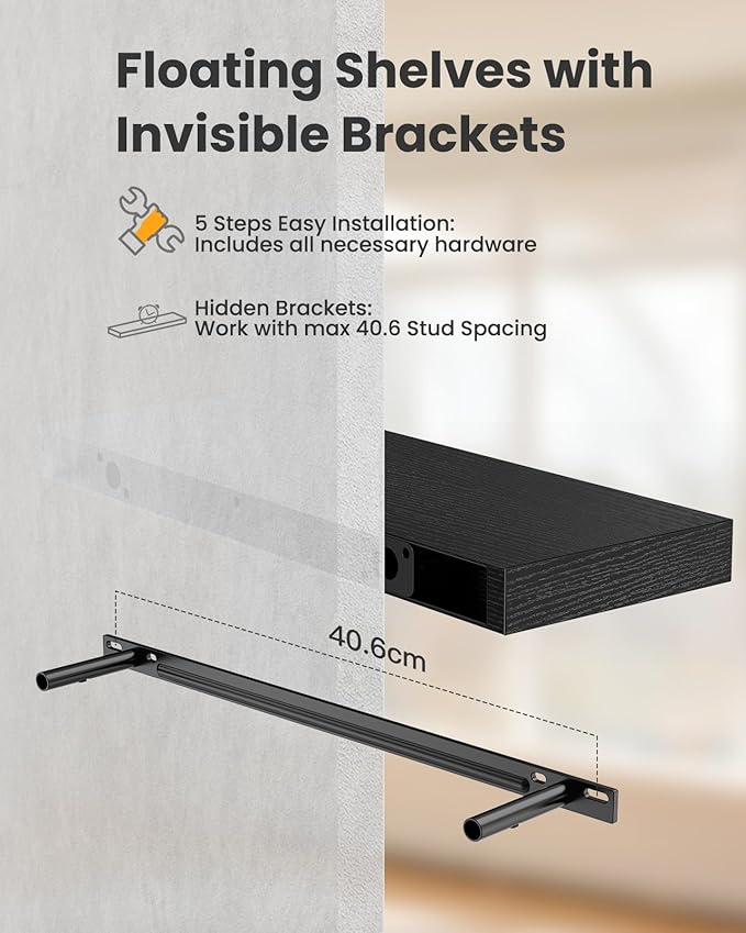 AMADA HOMEFURNISHING Floating Shelves Wall Mounted, 24 x 7 Inch Wall Shelves for Bathroom, Bedroom, Living Room, Black Shelves Set of 2 | Wall Shelves, for Bathroom, Bedroom, Living Room, Shelves