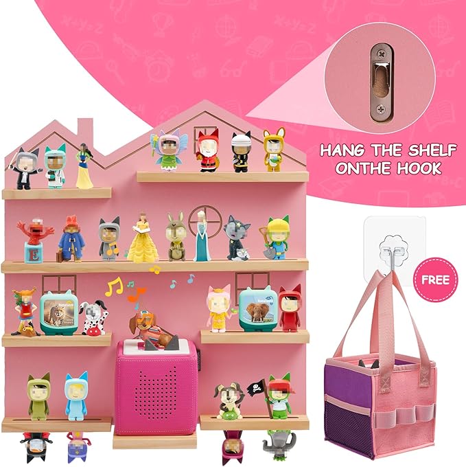 Gieanoo Large Tonie Shelf for Toniebox,for Toniesbox 1 and Toniebox 2 Tonie Shelf Wall Mounted Magnetic Pine Wooden Floating Shelves Compatible with Tonie Box Player Tonie Figures Storage(Pink)