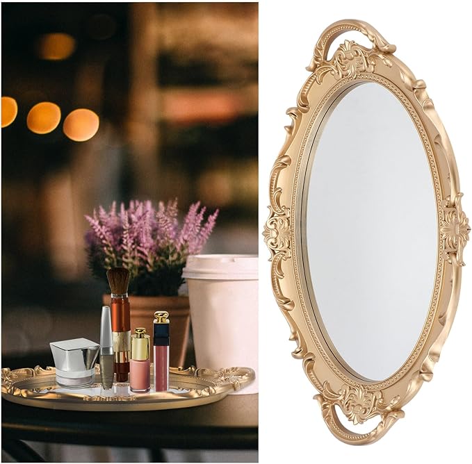 Retro European Style Mirror Tray Perfume Storage Plate Decorative Makeup Organizer Elliptical Gold Background Mirror for Home Décor and Photography Props