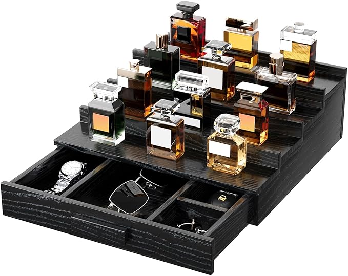 Solid Walnut Cologne Organizer for Men,Cologne Stand,4 Tier Wooden Cologne Holder Shelf Display,Perfume Stand Organizer with Drawer and Hidden Compartment,Gift for Men Dad Husband,Black