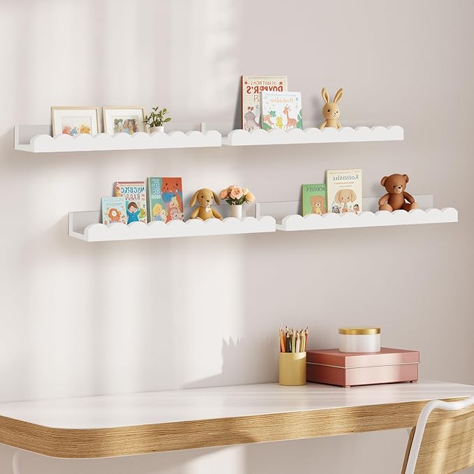 Yirilan 4-Pack Scalloped Shelves, Nursery Shelves for Wall, Floating Nursery Book Shelves for Kids, White