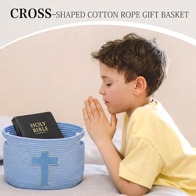 Sliner Baptisms Gifts Basket with Handles, Baptisms Cross Design Cotton Rope Basket Gifts Stuffers Storage for Christenings First Communions Religious Occasions, 15 x 10 x 9 Inch(Blue)
