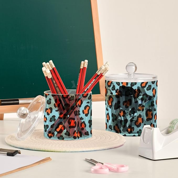 Leopard Print Orange Cyan Blue Clear Plastic Makeup Organizer Storage with lid Bathroom Essentials Decorative Dental floss storage jar for Cotton Swabs,Cotton Pads,Floss Picks,Paper