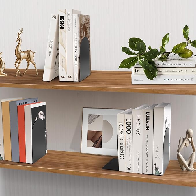 Metal Book Ends for Shelves - 8Pcs Bookends for Heavy Books Non-Skid Decorative Book Stopper to Hold Books/CDs for Home Office School and Desktop Organizer, Black