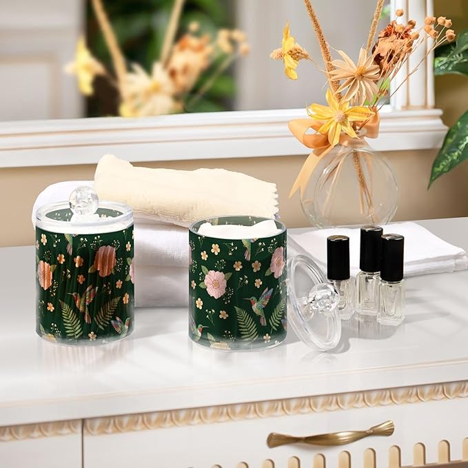 Flower Hummingbirds Green Bathroom Containers Holder with Lids Set Clear Jars 2 Pack Plastic Makeup Storage Organizer 4.13 x 2.75In for Cotton Swabs Pads Hair Clips