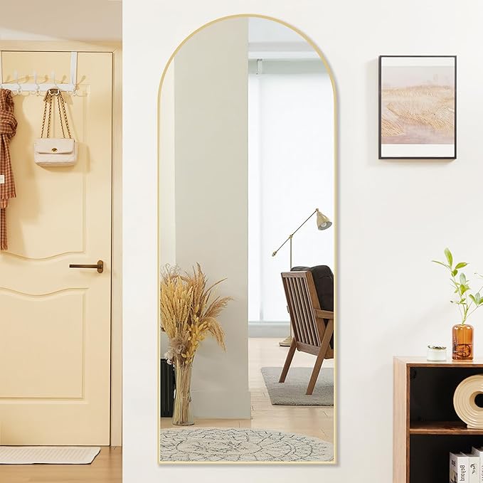 OLIXIS 64"x 21.5" Arched Mirror Full Length, Full Body Mirror with Stand, Hanging or Leaning for Wall, Floor Standing with Shatter-Proof Glass for Bedroom, Living Room, Long, Gold