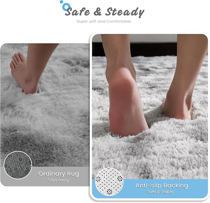 Modern Soft Fluffy Small Shaggy Rug for Bedroom Livingroom Dorm Kids Room Indoor Home Decorative, Non-Slip Plush Furry Fur Area Rugs Comfy Nursery Accent Floor Carpet 9X11 Feet, Tie-Dyed White Grey